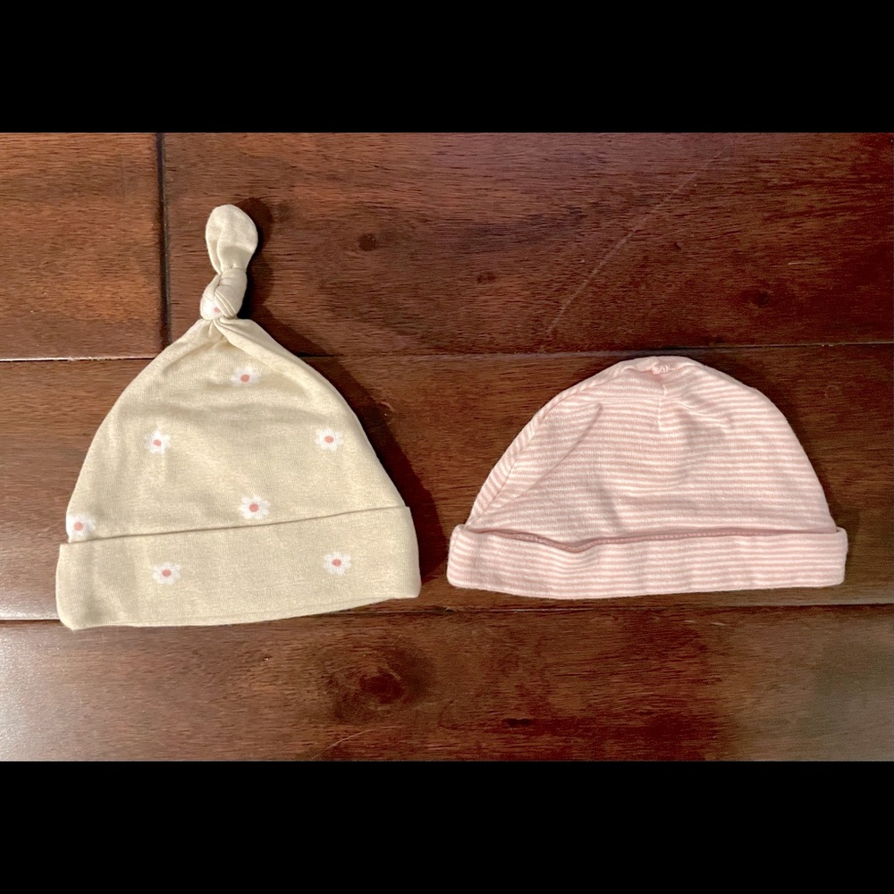 NWOT 2 NB baby girl hats - pink stripes & flowers